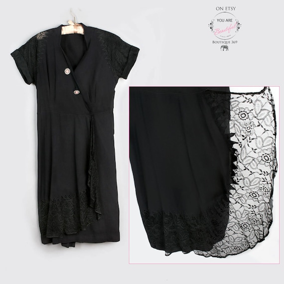 Large SIZE Vintage Black Dress 1940's, 1950's Lace