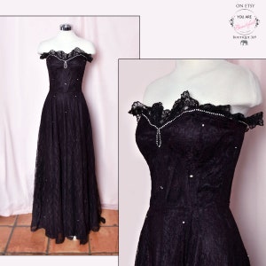 Black Long Evening Gown Vintage Dress, Black Lace Rhinestones Strapless Formal Party Dress, 1950's, 60's, 1940's