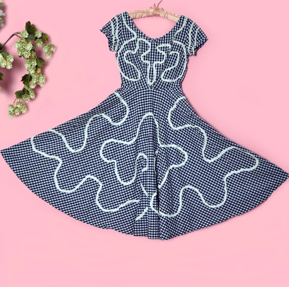 1940s Gingham Circle Skirt Dress, Blue and White Check, Vintage Swing