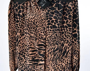 1980's Leopard Print Blouse Vintage New Wave style  Shoulder Pads Medium By Jordan Brown & Black Animal Print