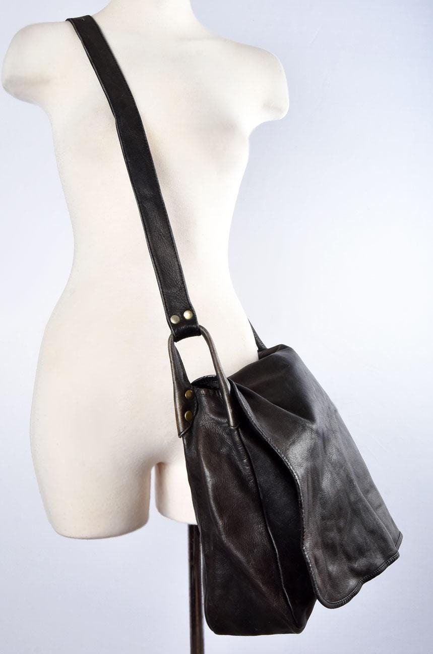1970's Black Leather Large Crossbody Shoulder Bag Purse, Laptop Case, Vintage Hippie 1960's Boho Overnight Carry On