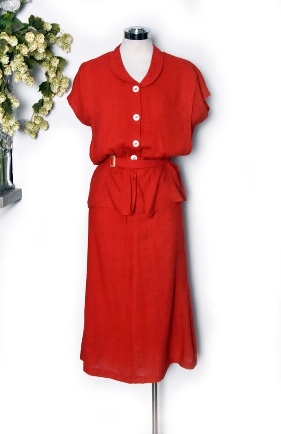 20's /30's 3 pc SET Red Skirt & Top Blouse Belt, M