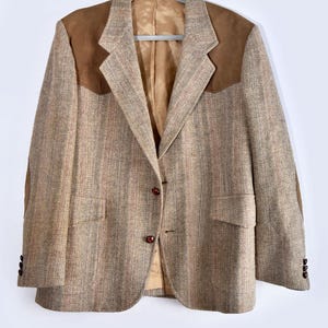 44 PENDLETON Light Brown Tan Wool & Suede Sport Coat Suit Jacket Western Preppy Elbow Patches Vintage 1980&#39;s, 1970&#39;s