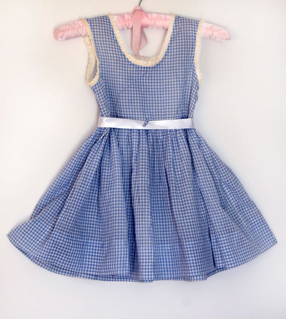 30's Little Girls Dress, Blue & White Gingham Che… - image 4