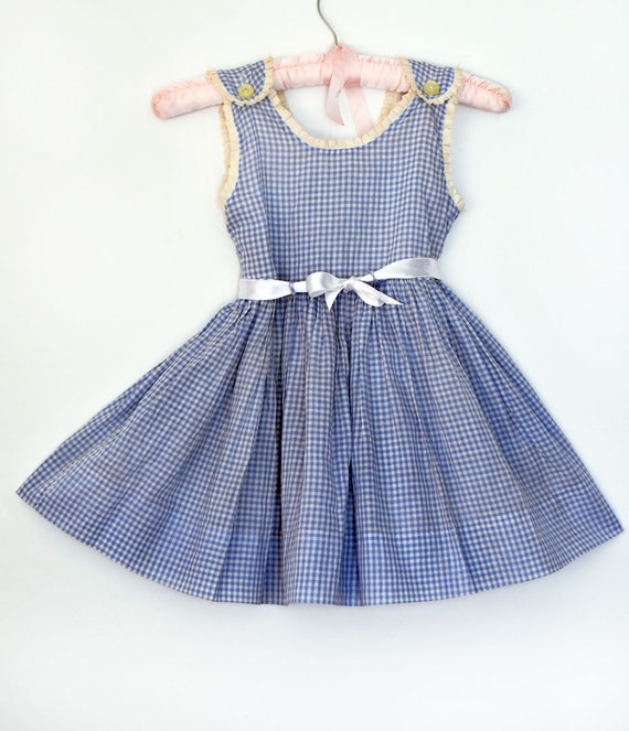 30's Little Girls Dress, Blue & White Gingham Che… - image 1