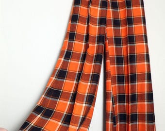 60's/70s Orange Plaid Flares Bell Bottom Pants Palazzo Vintage