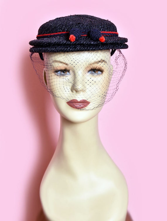 50's Blue & Red Vintage Ladies Hat with Veil, 195… - image 2