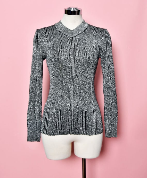 Silver Lurex Stretchy Fitted Knit Top Shirt Blouse