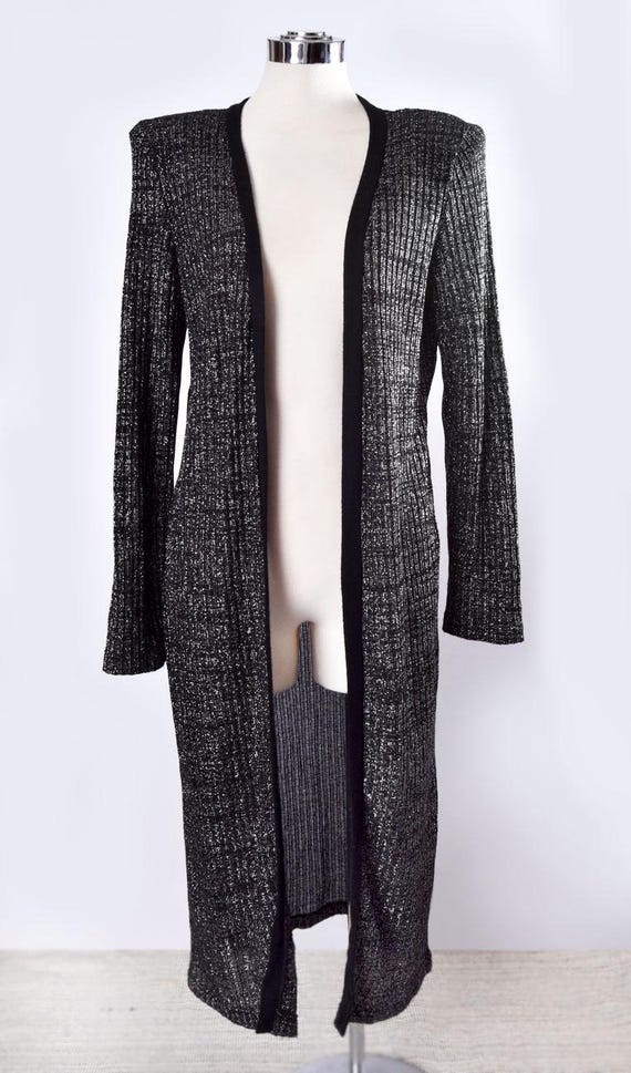 Metallic Silver LUREX Long Duster Cardigan Sweater Jacket 1970's, 1980's  Medium Black Silver Sparkles Knit Vintage Hippie Glam Rock Boho