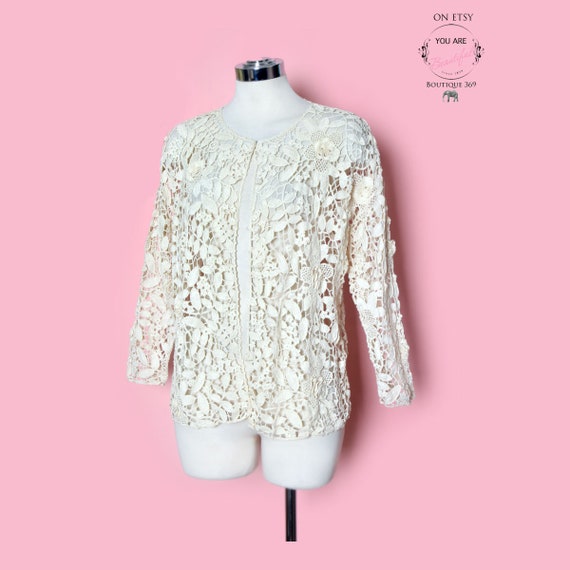 Vintage White Crochet Cardigan Jacket Sweater, 196