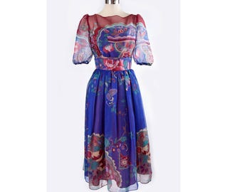 70's Charles Glueck Blue Chiffon Mod style print Vintage Dress 1970's, size 8