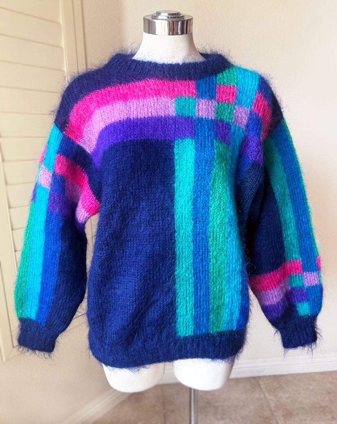 Designer MOHAIR Pullover Sweater Bright Colors Grunge Fuzzy Kurt  