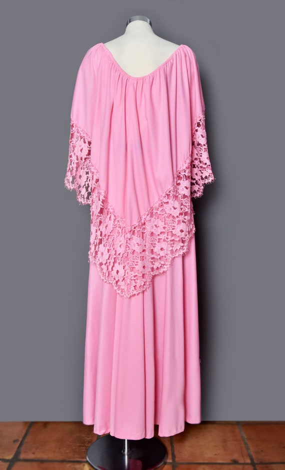 70's Long Pink Maxi Dress, Lace Cape style Boho H… - image 3
