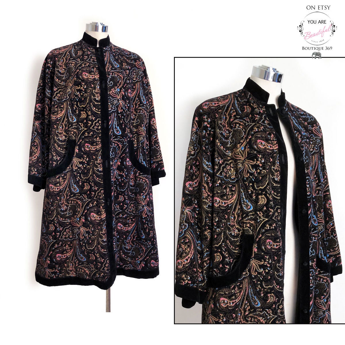 1960s Coats and Jackets 50s Special Vintage Velvet Coat, 1950s Black Paisley Print Evening Over Opera, Painted 1960s Mid Century Neru Collar $229.00 AT vintagedancer.com