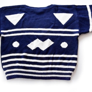 80&#39;s DVF Diane von Furstenberg Blue & White Vintage 1980&#39;s Pullover Cotton Sweater, Boat Neck, Abstract Designer