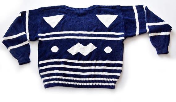 Diane von Furstenberg, 80s DVF Vintage Sweater, Blue White Abstract Cotton Pullover