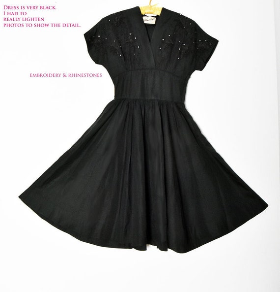 1940's Black Dress, 50's Vintage Dress, Full Skir… - image 1