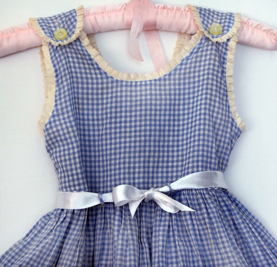 30's Little Girls Dress, Blue & White Gingham Che… - image 3