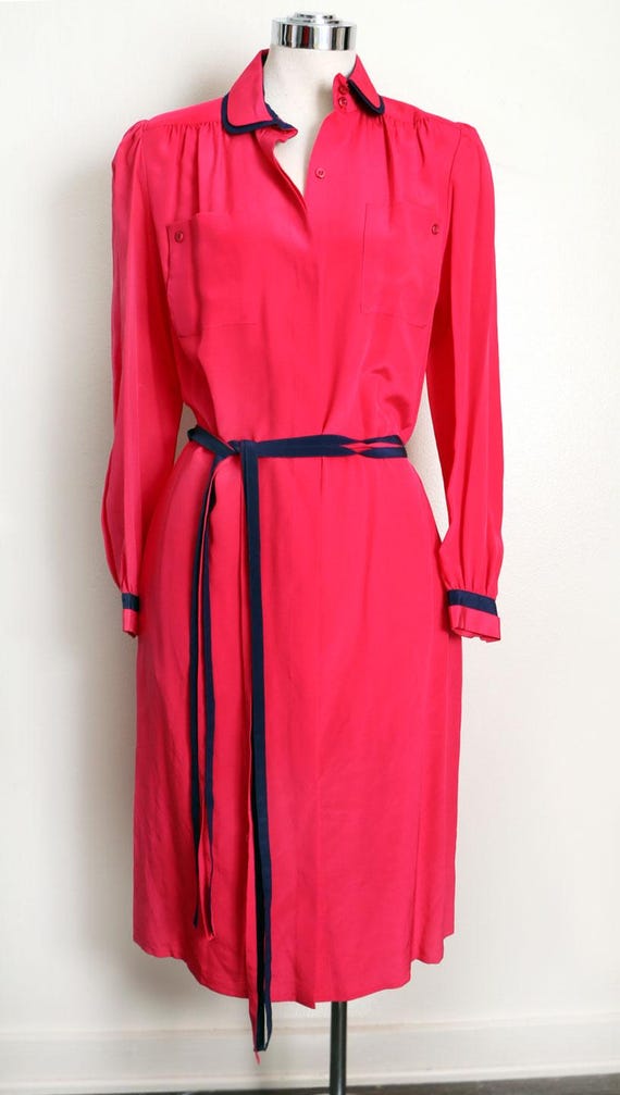 80s Saks Fifth Avenue Silk Shirt Dress: Hot Pink Vintage Secretary Style