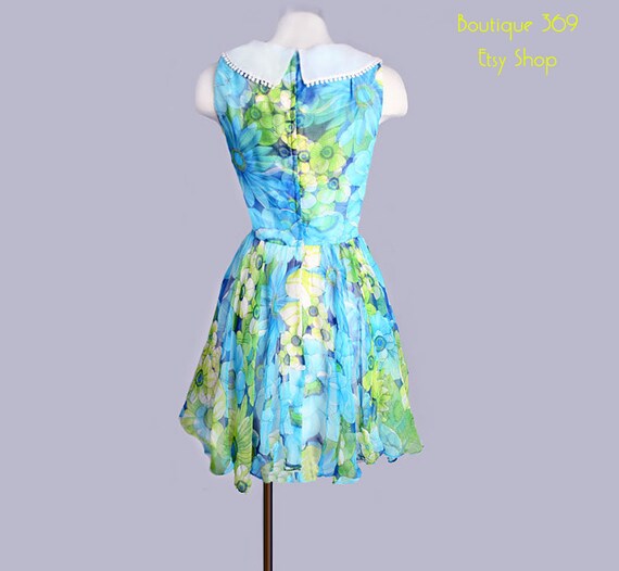 Vintage Chiffon Dress Blue Green Floral Tea Lengt… - image 2