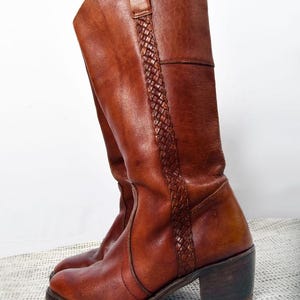 Vintage Leather Tall Boots 1970&#39;s, size 7.5 Womens, Boho Hippie Brown Braided Western Frye  Campus style Stacked Wood Heel