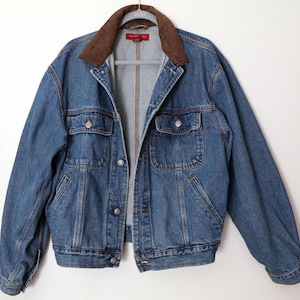 Vintage Banana Republic LEATHER & DENIM Blue Jean Jacket, Bomber Coat, Medium, 48&quot; Chest, Brown Leather Collar 1980&#39;s, 1990&#39;s