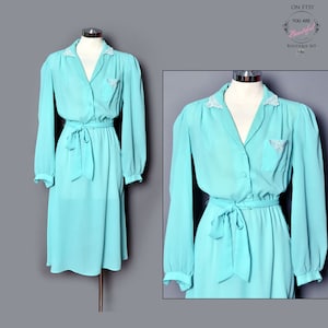 70&#39;s Vintage Aqua Blue Green Dress, Hippie, Boho, Semi Sheer, 1970&#39;s Secretary Dress, Ossie Clark style, Teal, Long Sleeve