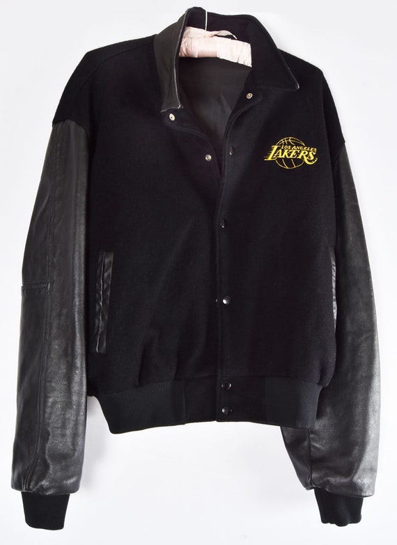 80's XL Black Leather & Wool Bomber Varsity Jacket Vintage Coat