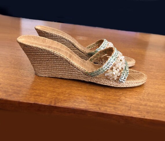 40's SEQUIN Wedge Heel Mules Slipper Shoe, Vintag… - image 1