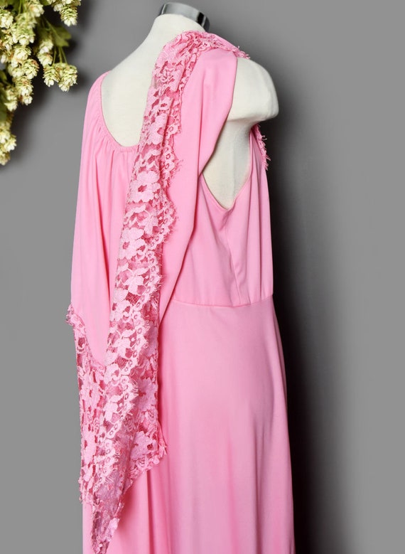 70's Long Pink Maxi Dress, Lace Cape style Boho H… - image 5