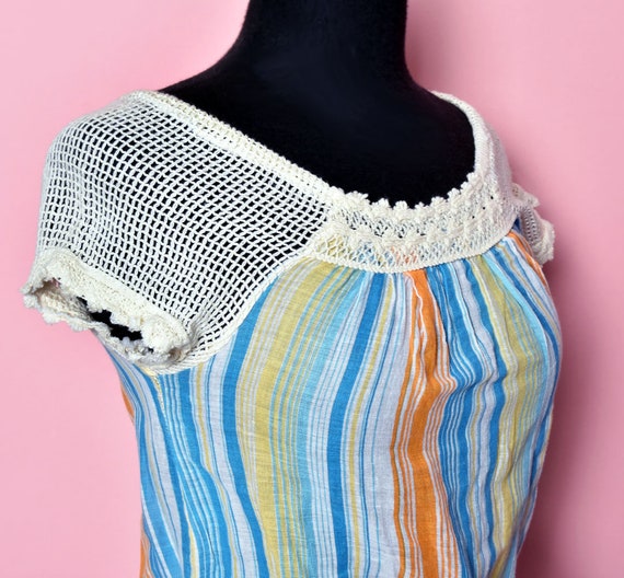 Vintage 70's Crochet Boho Top Striped Gauze Cotto… - image 2