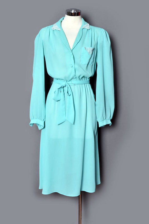 70's Vintage Aqua Blue Green Dress, Hippie, Boho,… - image 3