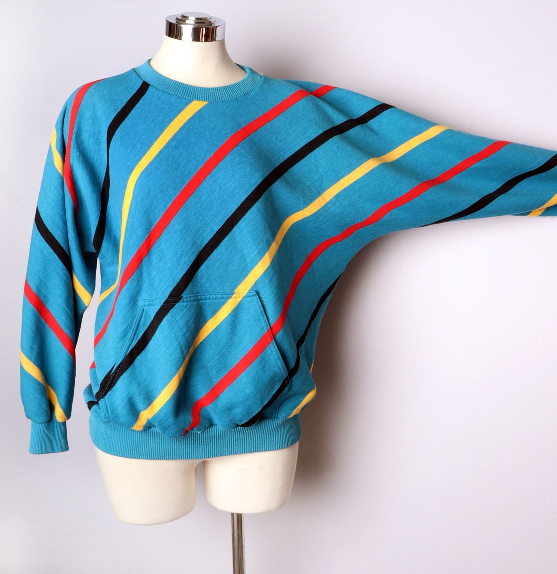 1980s Blue Stripe Sweatshirt Pullover Kangaroo Pouch Fleece Multi Color, New Wave, Vintage Shirt Top, T shirt, 80's tshirt Pullover, LARGE