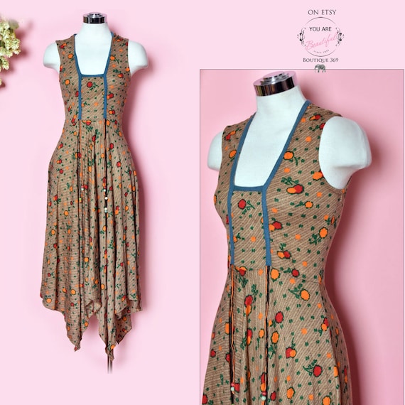Vintage Scarf Hem Hippie Boho Dress, 1970's Disco