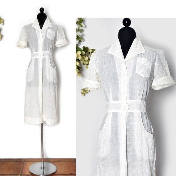 40's White Vintage Dress, 1930's Semi Sheer Shirt