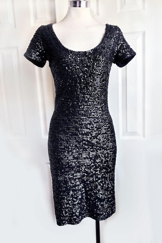 betsey johnson black sequin dress Betsey Johnson Vintage Black Fully Sequined Stretchy tight Evening party  dress 1990's, Y2K