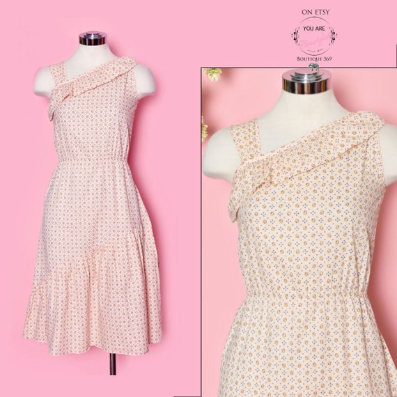 70's Vintage Peasant Dress, Beige Calico Cotton, R