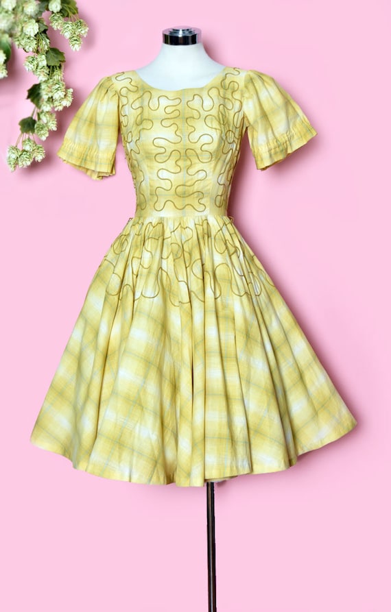 1950's H BAR C Western Vintage Dress, Yellow Plai… - image 2