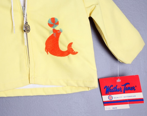 vtg Childs Rain Jacket, Yellow Embroidered Seal, … - image 2