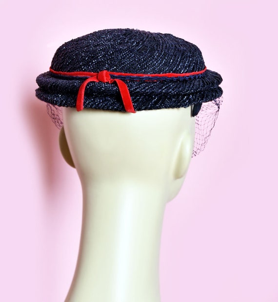 50's Blue & Red Vintage Ladies Hat with Veil, 195… - image 5