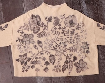 Anthropologie The Alani Cashmere Mock-neck Sweater Beige Floral Pilcro LARGE