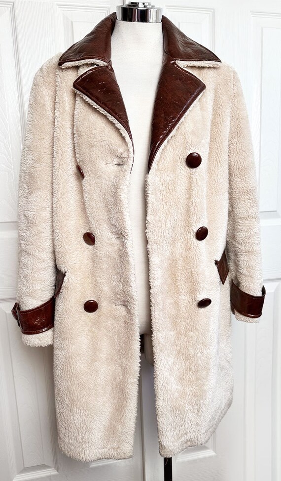 60's Mod Faux Fur & Vinyl Coat Blonde Brown 1970'… - image 5