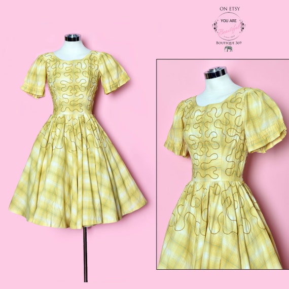 1950's H BAR C Western Vintage Dress, Yellow Plai… - image 1