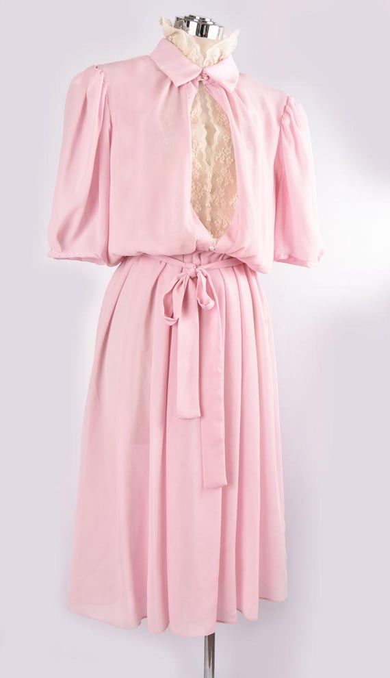 70s Pink Lace Dress, Victorian Cottage Style, Semi Sheer, Medium vintage