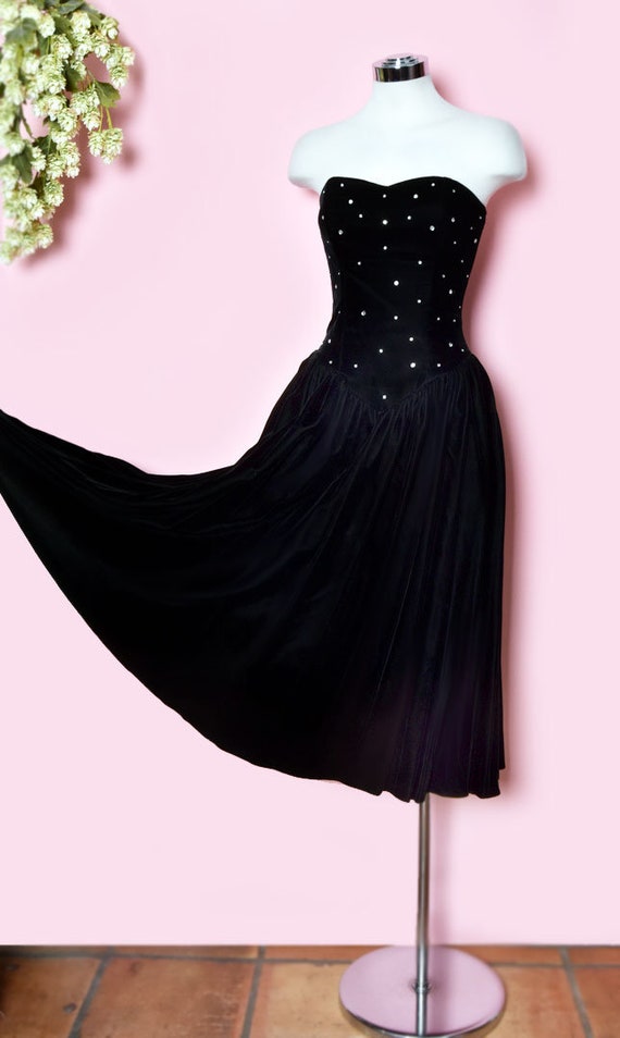 Black Velvet Strapless Corset Evening Dress, Rhin… - image 2