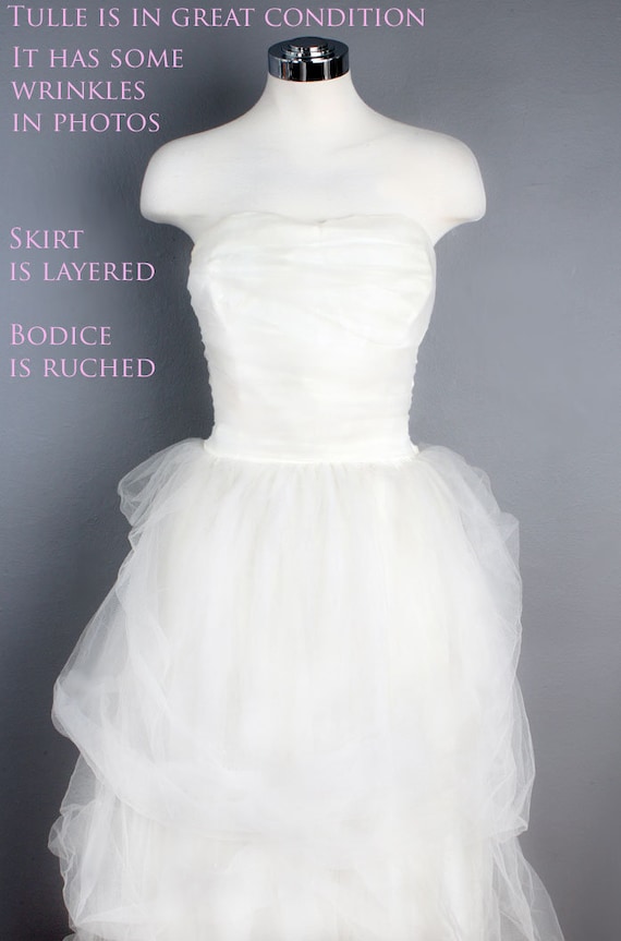 Vintage White Wedding Gown Dress, Sheer Tulle Dra… - image 6