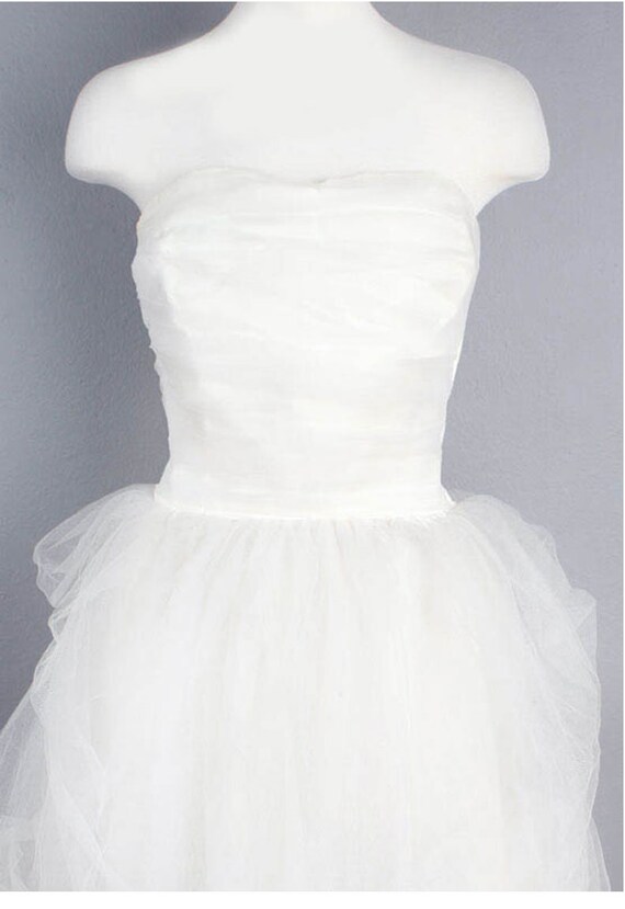 Vintage White Wedding Gown Dress, Sheer Tulle Dra… - image 3