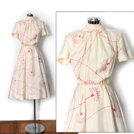 vtg Silk Designer Dress 1950's, 1940's Ivory Pink