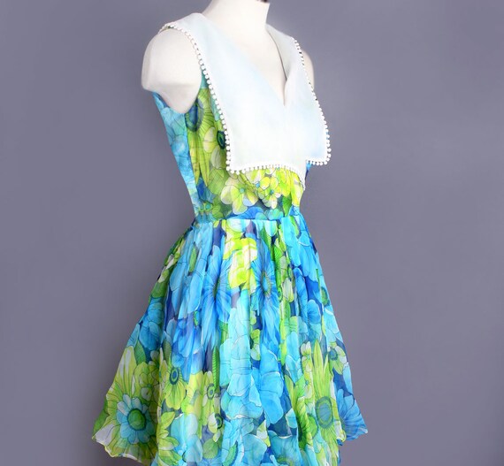 Vintage Chiffon Dress Blue Green Floral Tea Lengt… - image 3