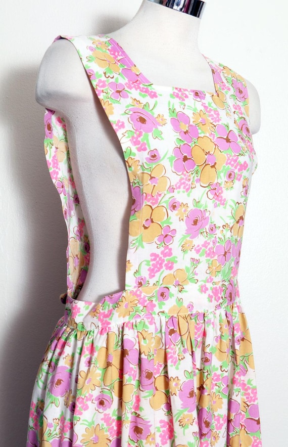60's Long Apron Dress Cover Floral Vintage Maxi, Full-length bib Apron 1970's